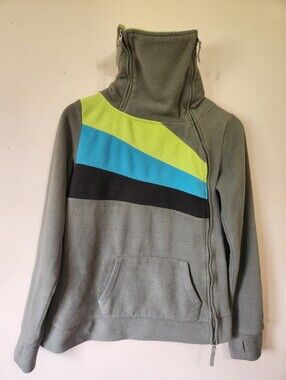 Venus Colorblock Asymmetrical Zip Cowl Funnel Neck Fleece Pullover Thumbholes
